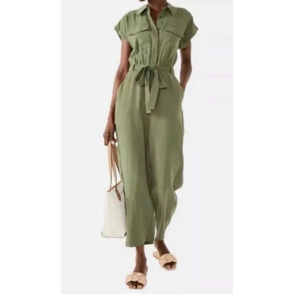 Nine West Utility Jumpsuit Size M Olive Green Belted Short Sleeves NWT